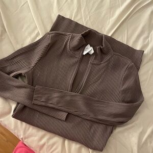 Brown Ribbed Zip-Up Sweater Dress